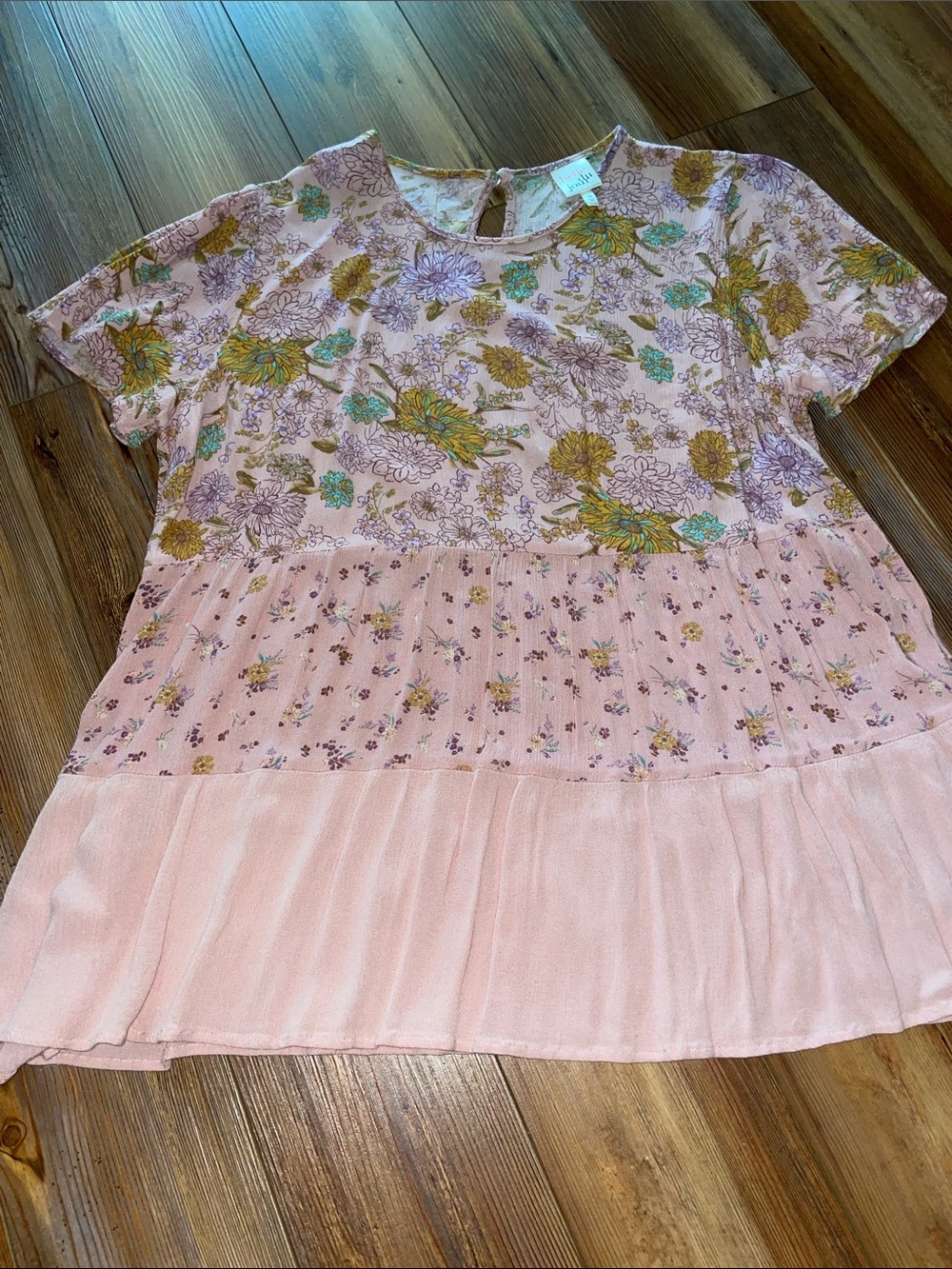 Belle Du Jour Pink Floral Tiered Short Sleeve Blouse